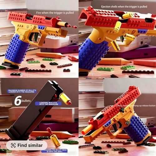 Shell Ejecting Toy Gun, DIY Automatic Pull Back Action Platebase Compatible with Legos Shooting Games Education Model Toy Pistol for Kids Gifts