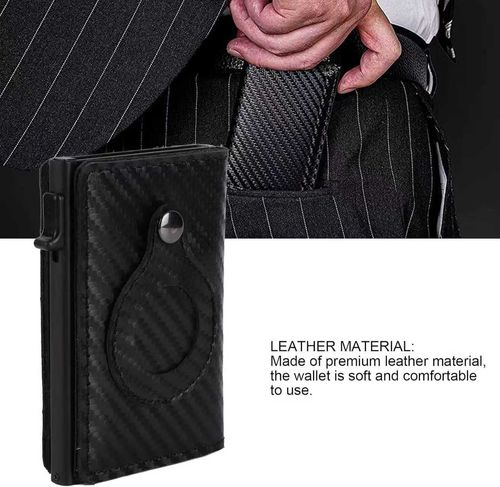 Genuine Leather Card Holder Wallet with Airtag Slot, Bank Card Holder RFID Wallet Minimalist Card Holder, Anti Lost Automatic Pop Up Aluminum Slim Pocket Bifold Business Card Case (Carbon Fiber)