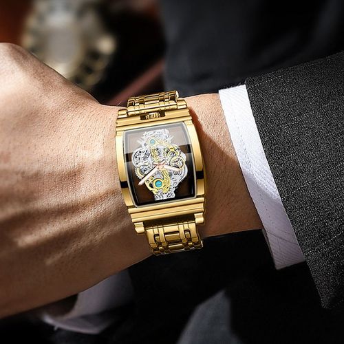 Men's Watch Fashion Hollow Carved Large Dial Barrel Waterproof Clock Steel Band Male's Business Quartz Watches