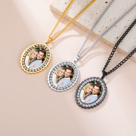 New Personalized Photo Zircon Oval Pendant Necklaces for Women Men Stainless Steel Personalization Picture Custom Christmas Gift