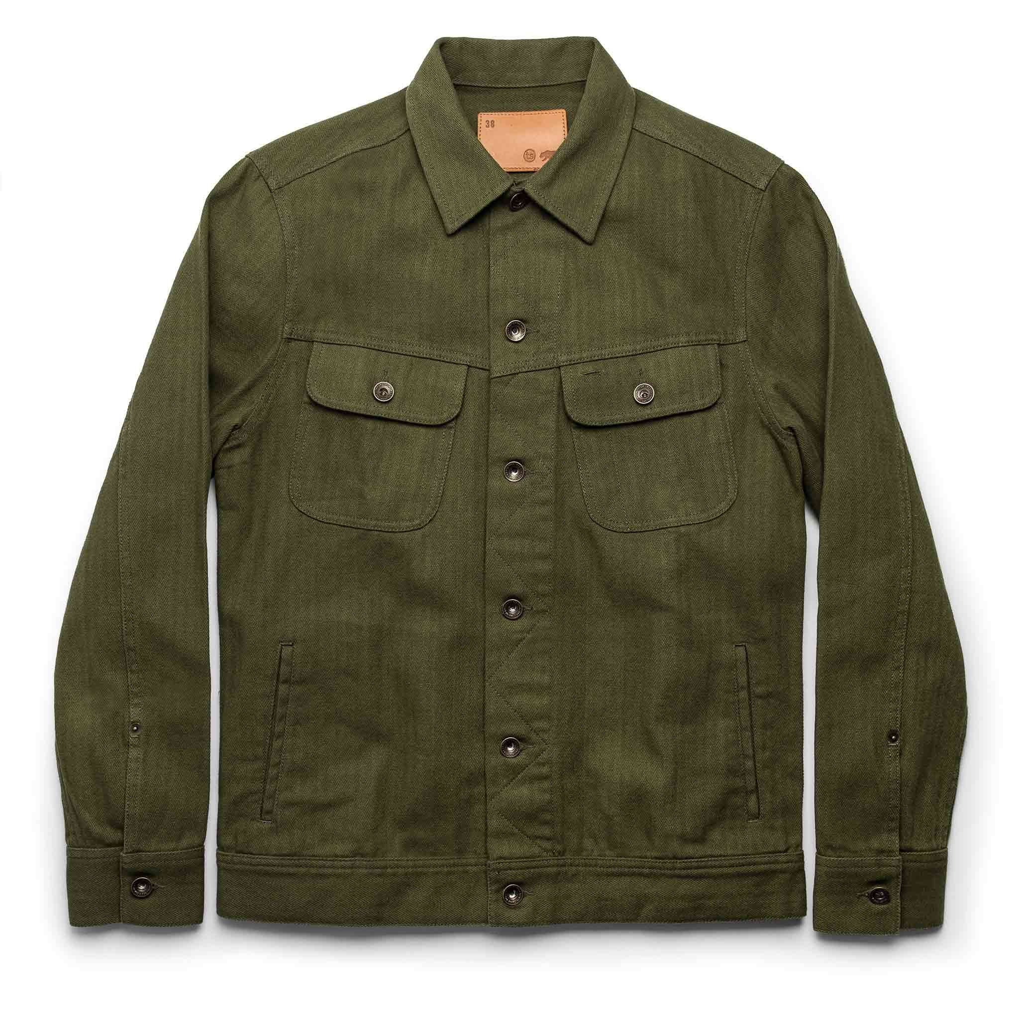 Auoun Long Haul Jacket in Washed Olive Herringbone