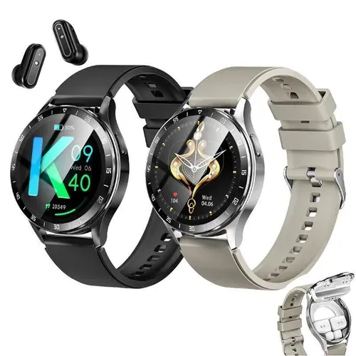 X10 High-End 2 in 1 Smart Watch ,IP67 250+30mAh NFC BT Call Round Smart Watch with Built-in Earbuds