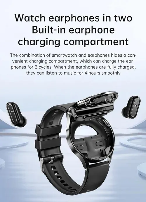 X10 High-End 2 in 1 Smart Watch ,IP67 250+30mAh NFC BT Call Round Smart Watch with Built-in Earbuds