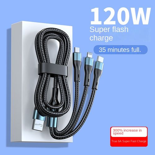 Cabo de dados de carregamento super rápido 3 em 1 de 120 W para iPhone, Huawei, Xiaomi, Honor e Vivo (caixa de oferta requintada)
