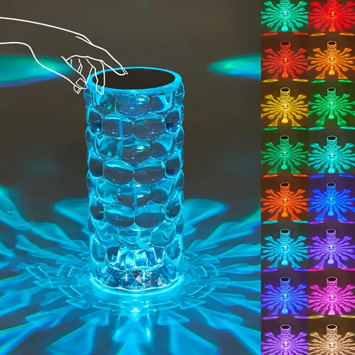 Comando à distância + modelo de toque Candeeiro de mesa de cristal LED de decoração moderna de alta qualidade Vidro transparente Projeção de gotas de água de 16 cores Luz noturna rosa