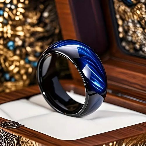 Anel preto de 8 mm para homem com design moderno e elegante com pedra olho de tigre azul