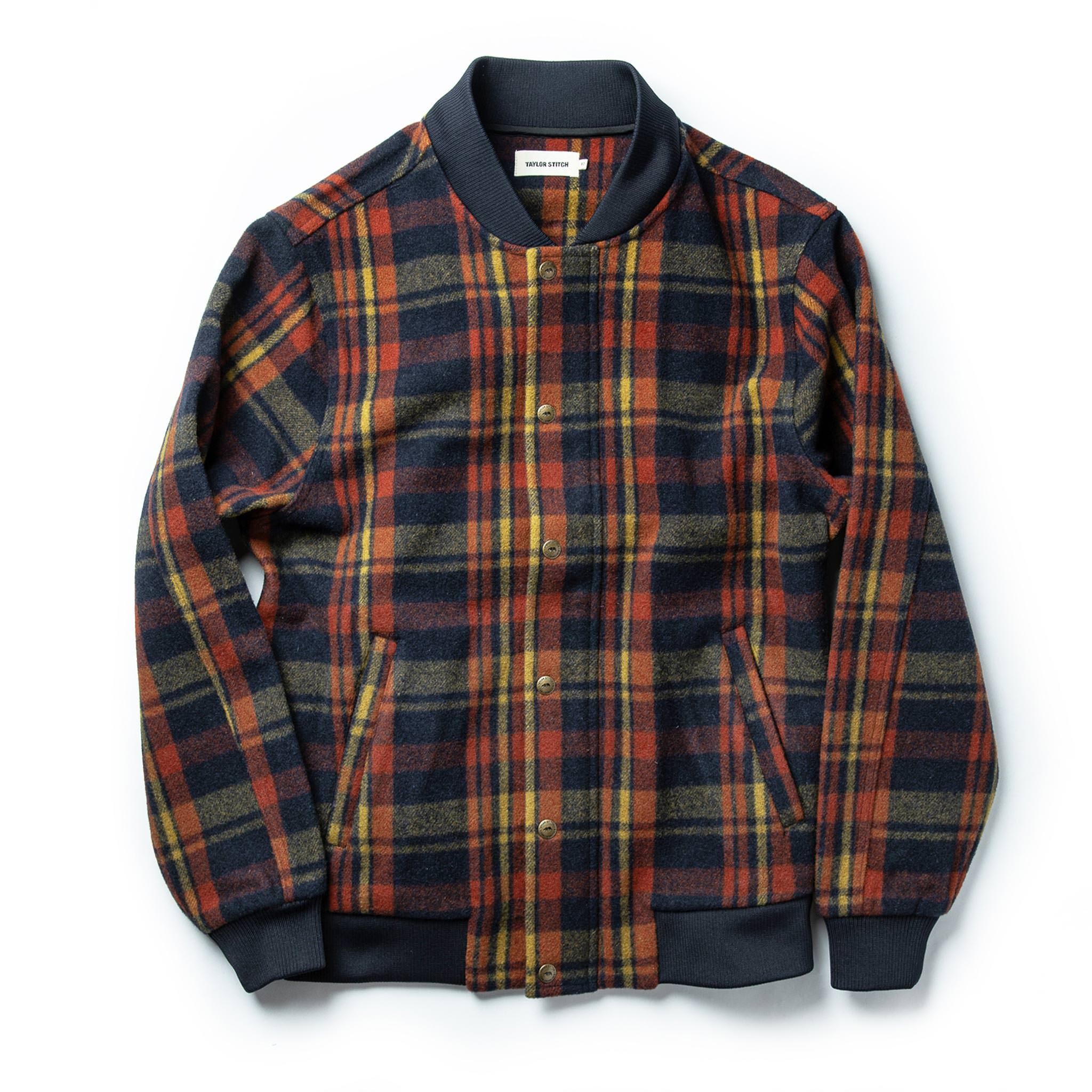 Ouown Bomber Jacket in Navy Plaid Wool