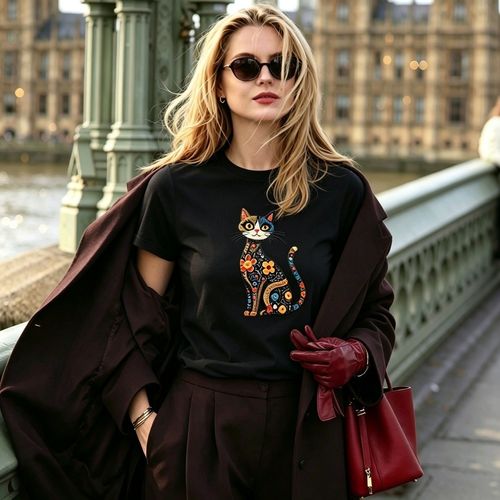 Ethnic-style embroidered cat black round-neck short-sleeve T-shirt, suitable for casual commuting, versatile street style, and everyday café outfits.