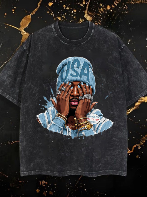 Stylish Graphic Tee For Men FeaturingArtistic Painterly Design With USA BeanieAnd Rings - Casual Crew Neck Short SleeveTop Perfect For Streetwear Fashion SummerWear Ideal Gift For Friends And FamilyCelebrating Creative Style And BoldExpression In Everyday Outfits