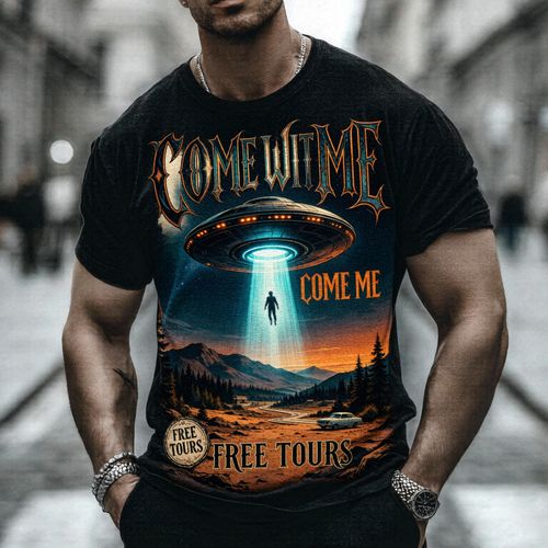 Halloween Streetwear Hip Hop Style Pure Cotton Soft Breathable Short Sleeve T Shirt UFO Alien Abduction Retro Vintage Graphic Design Come With Me Slogan Unique Eye Catching for Autumn Fall Streetwear