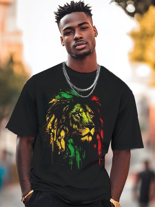 Carnival Streetwear Cool Style Pure Cotton Soft Breathable Short Sleeve T Shirt Reggae Inspired Lion Ink Splash Print Unique Eye Catching Perfect for Summer Casual Streetwear Outfits