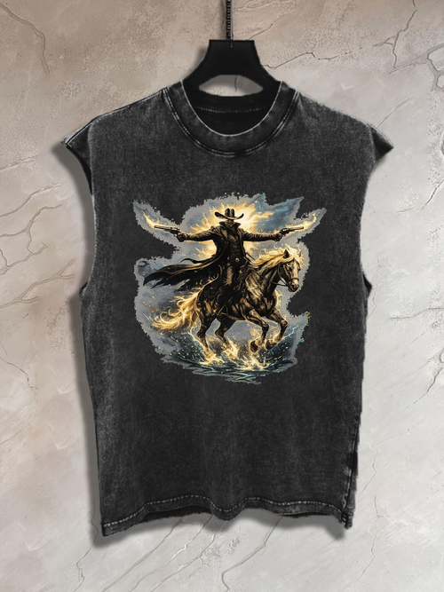 210g Water-wash vest, dark-themed 2D flat print pattern, retro high-street motorcycle style, European-American men's casual summer new arrival.