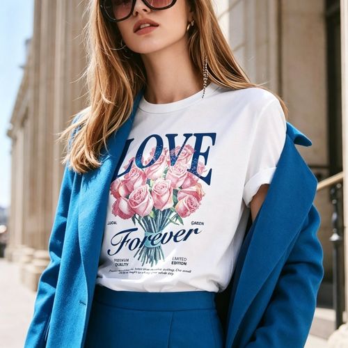 LOVE FOREVER,rose letter print white round-neck short-sleeve T-shirt, European-American street-style retro slogan top, suitable for vacation, urban commuting, and date occasions.