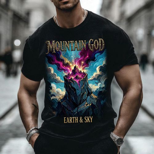 Music Festival Streetwear Hip Hop Style Pure Cotton Soft Breathable Short Sleeve T Shirt Mountain God Earth Sky Fantasy Artwork Unique Eye Catching for Summer Outdoor Hiking Casual Wear