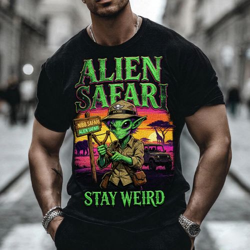 Halloween Streetwear Hip Hop Style Pure Cotton Soft Breathable Short Sleeve T Shirt Alien Safari Graphic Stay Weird Slogan Retro Vintage Design Unique Eye Catching for Autumn Fall Streetwear