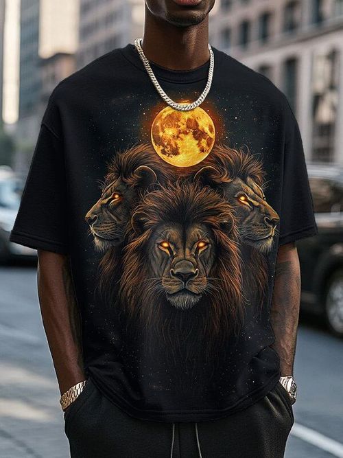 Carnival Street Dark Mythology Style Pure Cotton Soft and Breathable Short-Sleeve T-Shirt, Three Lions Moon Starry Sky Print, Mysterious and Domineering Streetwear.