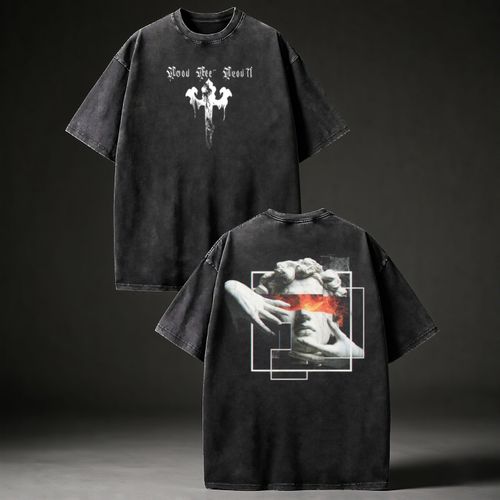 Halloween Dark Gothic Acid Wash T-Shirt Vintage Cotton Fabric Oversized Short Sleeve with 3D Angel Statue & Flame Print for Autumn Summer Streetwear