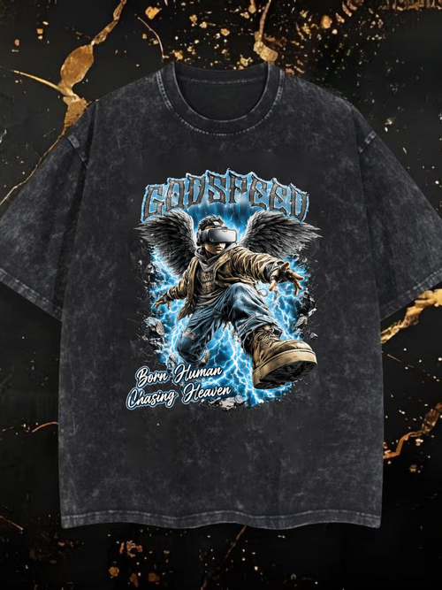 Born Human Chasing Heaven Graphic Tee Men Motivational Fantasy Action Warrior With Wings And Lightning Design Crew Neck Short Sleeve Casual Summer Fashion Tshirt For Boys Men Gift