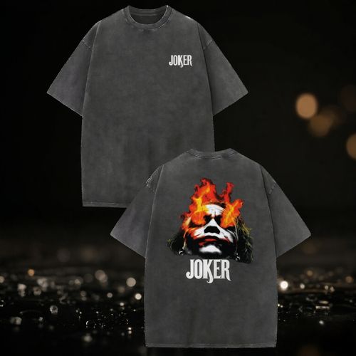 Men Women Halloween Horror Theme T-Shirt Vintage Washed Cotton Oversized Short Sleeve with Fire Joker Skull Graphic for Autumn Winter Street Fashion Daily Wear