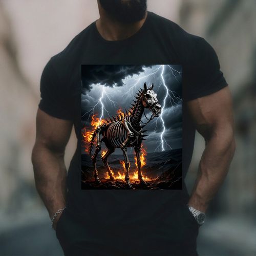Halloween Dark Streetwear Grunge Style Pure Cotton Soft Breathable Short Sleeve T Shirt Flaming Skeleton Horse Lightning Storm Graphic Design Bold Macabre Art Unique Eye Catching for Fall Autumn Night Party Streetwear