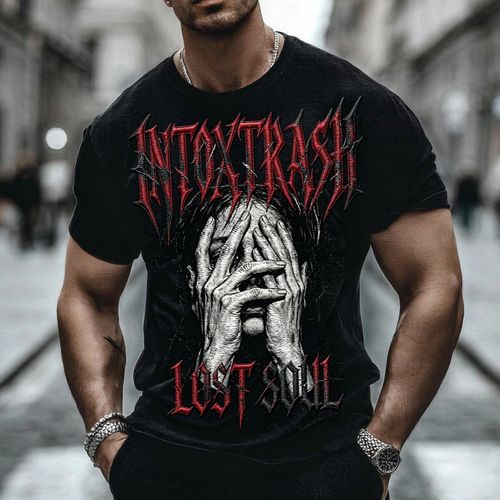 Halloween Streetwear Hip Hop Style Pure Cotton Soft Breathable Short Sleeve T Shirt Lost Soul Gothic Typography Masked Figure Graphic Design Dark Aesthetic Unique Eye Catching for Autumn Concert Festival Streetwear