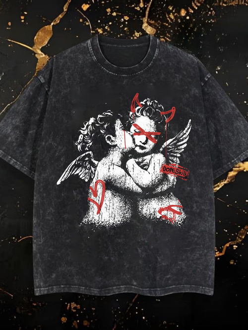 Love Skull Angel Devil Graphic Tee - Gothic Punk Streetwear Style Unisex Crew Neck T-Shirt Featuring Cherubic Kiss Design with Red Horns and Wings Vintage Distressed Aesthetic for Romantic Rebellious Fashion Enthusiasts Ideal Birthday Gift