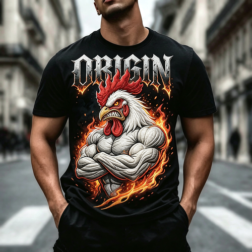 New Year Streetwear Hip Hop Style Pure Cotton Soft Breathable Short Sleeve T Shirt Muscular Rooster Fire Flame Graphic ORIGIN Slogan Bold Vintage Design Unique Eye Catching for Spring Autumn Casual Daily Street Fashion