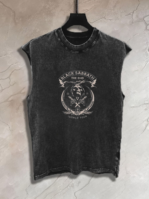 Halloween Grunge Rock Punk Style Washed Cotton Soft Breathable Sleeveless Tank Top Black Sabbath The End Skeleton Cross Graphic Retro Vintage Design for Autumn Winter Concert Streetwear