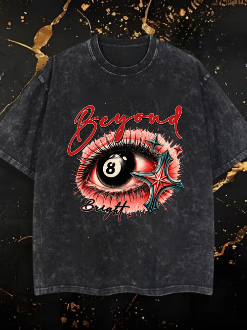 Beyond Bright 8 Ball Eye Graphic Tee - Unique Surreal Rock Metal Style Crew Neck Short Sleeve Shirt For Men Cool Summer Fashion Top With Red Pink Lashes And Blue Green Star Design Perfect Gift For Friends Family