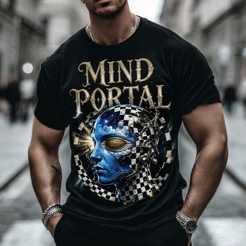Festival Streetwear Hip Hop Style Pure Cotton Soft Breathable Short Sleeve T Shirt Mind Portal Psychedelic Graphic Surreal Art Blue Face Gold Eye Unique Eye Catching for Summer Music Festival Streetwear