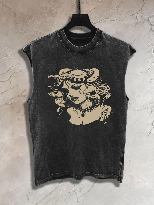 Halloween Streetwear Punk Style Pure Cotton Washed Distressed Sleeveless Tank Top Medusa Snake Graphic Vintage Retro Design Edgy Bold Look for Summer Autumn Casual Street Style