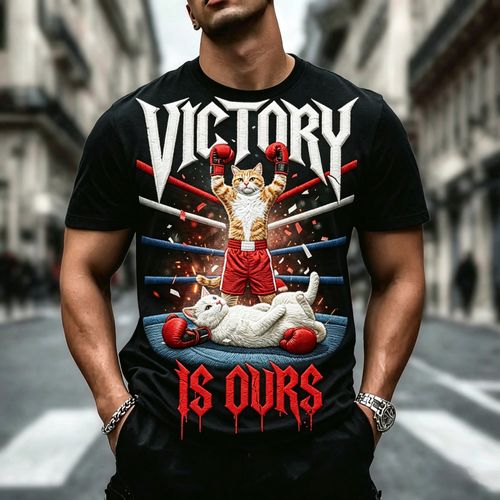 Boxing Day Streetwear Hip Hop Style Pure Cotton Soft Breathable Short Sleeve T Shirt Victory Is Ours Boxing Cat Champion Graphic Design Vintage Gothic Typography Unique Eye Catching for Winter Holiday Party Daily Wear
