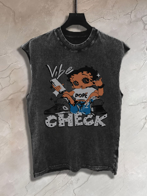 Water-wash American retro rock band letter print vest, high-street dark-style summer new arrival with 2D flat print pattern.