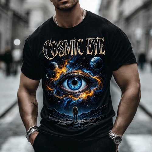 Festival Streetwear Hip Hop Style Pure Cotton Soft Breathable Short Sleeve T Shirt Cosmic Eye Galaxy Nebula Print Vintage Gothic Typography Surreal Universe Design Unique Eye Catching for Summer Music Festival Streetwear