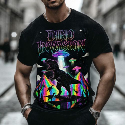 Music Festival Streetwear Hip Hop Style Pure Cotton Soft Breathable Short Sleeve T Shirt Dino Invasion Ufo Graphic Rainbow Mountain Retro Neon Gothic Font Unique Eye Catching for Summer Carnival Night Party
