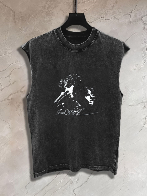 Retro Rock Band Washed Vest with 2D Flat Print Pattern, European and American Men's High Street Dark Style Casual Letter Print Summer New Arrival