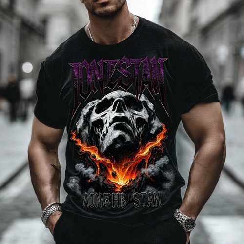 Halloween Festival Streetwear Punk Rock Style Pure Cotton Soft Breathable Short Sleeve T Shirt Burning Skull Graphic Design Vintage Gothic Font Flame Effect Unique Eye Catching for Autumn Winter Night Club Streetwear