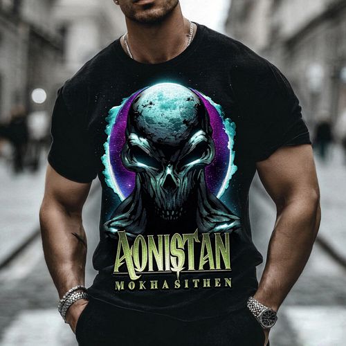 Halloween Streetwear Dark Gothic Style Pure Cotton Soft Breathable Short Sleeve T Shirt Alien Skull Moon Graphic Retro Neon Colors Mokhasithen Logo Unique Eye Catching for Autumn Streetwear Night Party