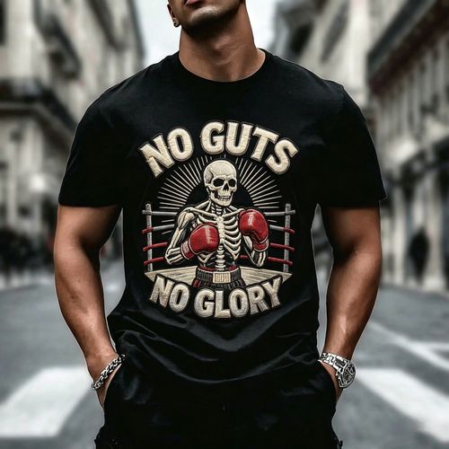 Boxing Day Streetwear Hip Hop Style Pure Cotton Soft Breathable Short Sleeve T Shirt Skeleton Boxer Embroidery Patch NO GUTS NO GLORY Slogan Retro Design for Autumn Winter Sports Gym Wear