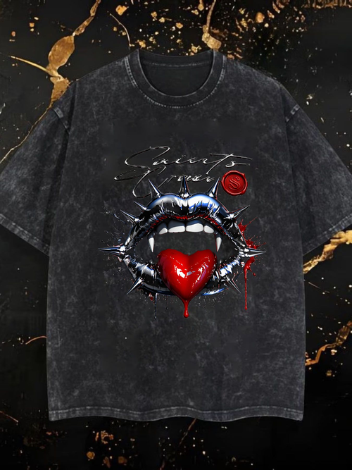 Gothic Sweet Love Lips Heart Spikes Graphic Tee - Edgy Romantic Style Crew Neck Short Sleeve Top for Men and Women, Perfect Gift for Valentine's Day, Halloween, or Everyday Streetwear Fashion