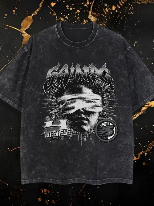 Men Heavy Metal Graphic Tee Shirt Distressed Saints Lifer Ssg Streetwear Style with Bandaged Face Print and Fist Emblem Punk Rock Edgy Fashion Top for Summer Casual Wear Cool Gift for Friends