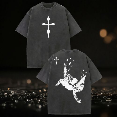 Men Women Halloween Dark Gothic T-Shirt Vintage Washed Pigment Dyed Cotton Loose Short Sleeve Top with Fallen Angel and Cross Graphic Print for Autumn Winter Streetwear