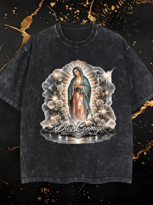 Religious Virgin Mary God With You Graphic Print Men Crew Neck Short Sleeve T-Shirt - Casual Summer Breathable Tee For Church Worship Faith Gift
