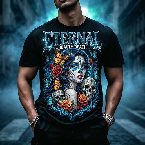 Halloween Dark Gothic Streetwear Punk Style Pure Cotton Soft Breathable Short Sleeve T Shirt Eternal Beauty Death Graphic Skull Butterfly Rose Floral Artwork Unique Eye Catching for Autumn Fall Night Party Street Fashion