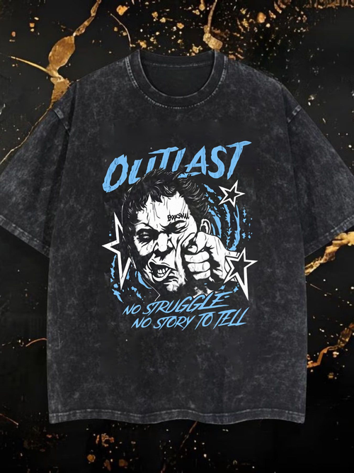 Outlast Inspired Graphic Tee Men Horror Themed Vintage Washed Crew Neck Short Sleeve T Shirt With Intense Shouting Face Design And Bold Distressed Lettering No Struggle No Story To Tell Print For Gaming Fans And Movie Lovers Cool Summer Casual Wear