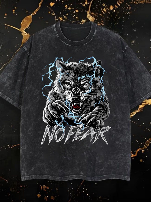 Fierce Wolf Head Graphic Tee - No Fear Design with Electric Blue Lightning Bolts - Aggressive Snarling Animal Print for Men - Edgy Streetwear Style Short Sleeve Crew Neck Casual Summer Top - Perfect Gift for Brothers Friends and Family Who Love Bold Strong Fashion Statements