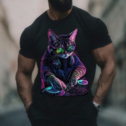 Music Festival Streetwear Hip Hop Style Pure Cotton Soft Breathable Short Sleeve T Shirt DJ Cat with Headphones Neon Glasses Turntable Graphic Unique Eye Catching for Summer Night Club Party Streetwear