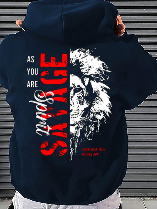 Streetwear Grunge Savage Lion Graphic Hoodie Heavyweight Cotton Blend Baggy Long Sleeve Pullover with Bold Typography for Autumn Winter Casual Urban Daily Wear