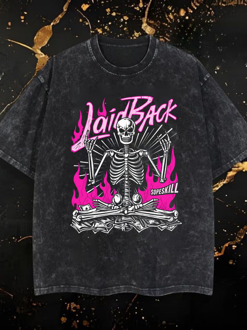 Urban Streetwear Men's Graphic Tee Featuring Meditating Skeleton With Pink Flames And Gold Splatter Design Bold Graffiti Joint Back Text Superskill Lettering Punk Psychedelic Art Style Casual Crew Neck Short Sleeve Top For Summer Daily Wear Cool Gift Idea