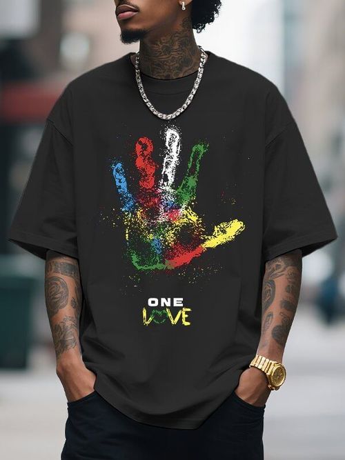 Carnival Streetwear Hip Hop Style Pure Cotton Soft Breathable Short Sleeve T Shirt Colorful Handprint Design Rasta Color Scheme ONE LOVE Slogan Unique Eye Catching Streetwear Fashion